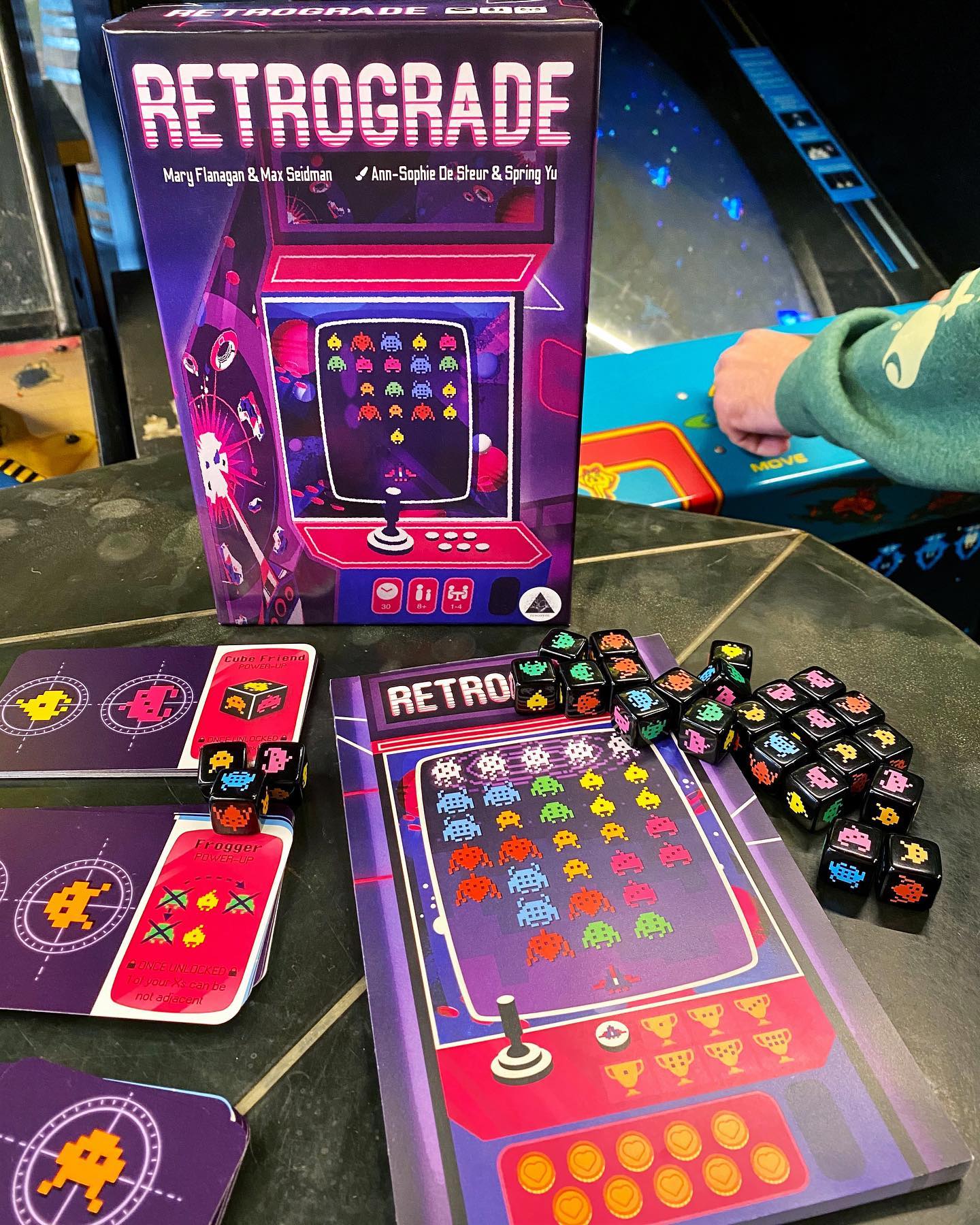 Retrograde has finally landed! Our totally radical roll and write is like Space Invaders with a pen and paper. If you like old school arcades and the sweet satisfaction of rolling lots of dice, check us out on Kickstarter! Link in bio 👾💥

#boardgames #boardgaming #tabletopgames #bgg #gamenight #indieboardgames #kickstarter #kickstartergames #resonym #boardgamesofinstagram #dice #retro #retroaesthetic #retrogaming #arcade