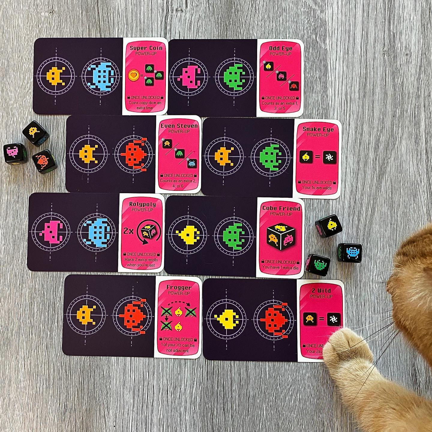 Which of the eight Retrograde power ups would be your go-to for blasting Droids? Glitch the cat here really likes the 2 Wild ✌🏻

#boardgames #bgg #boardgamephotography #gamenight #indieboardgames #boardgaming #familygamenight #boardgamegeek #boardgamesofinstagram #resonym #cardlayout #dice #arcade #power #powerup #retro #retroaesthetic #cat